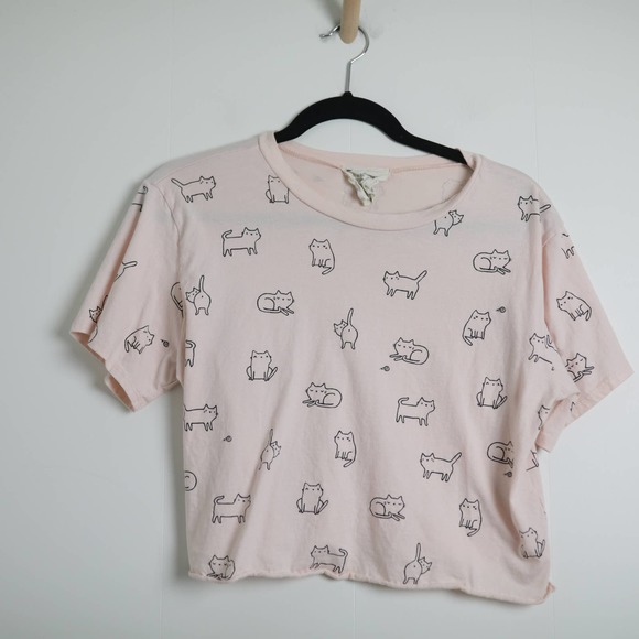 french pastry Tops - French Pastry Pink Cute Cat-Print Short Length Cotton Breezy Shirt